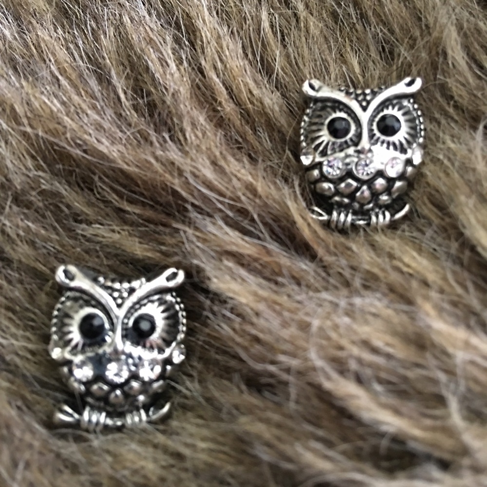 Silver tone rhinestone owl on a branch earrings